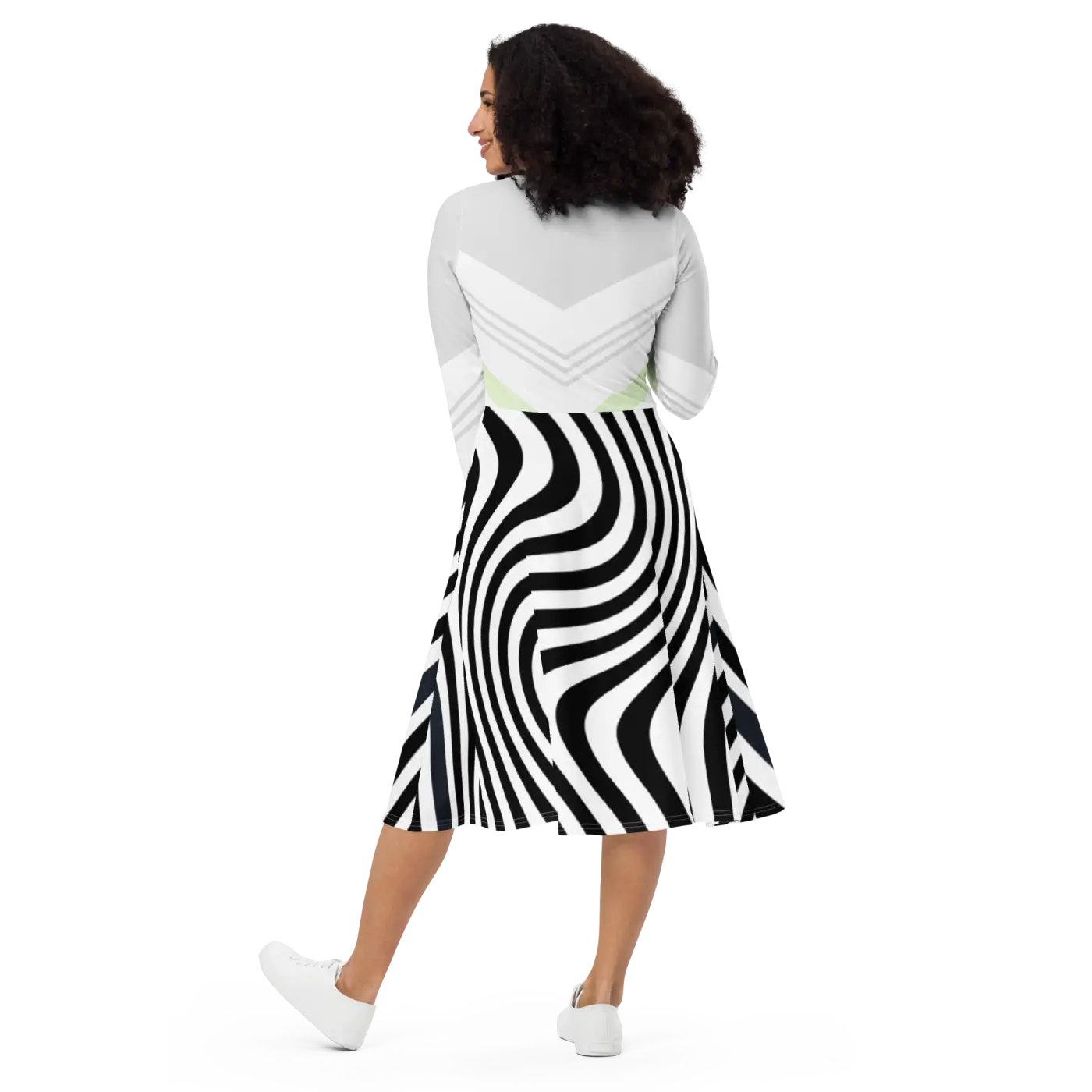 Swirling Black Stripes Long Sleeve Midi Dress - DipaliZ