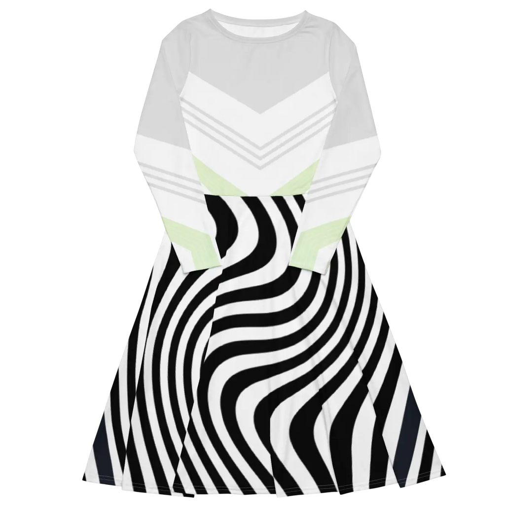 Swirling Black Stripes Long Sleeve Midi Dress - DipaliZ