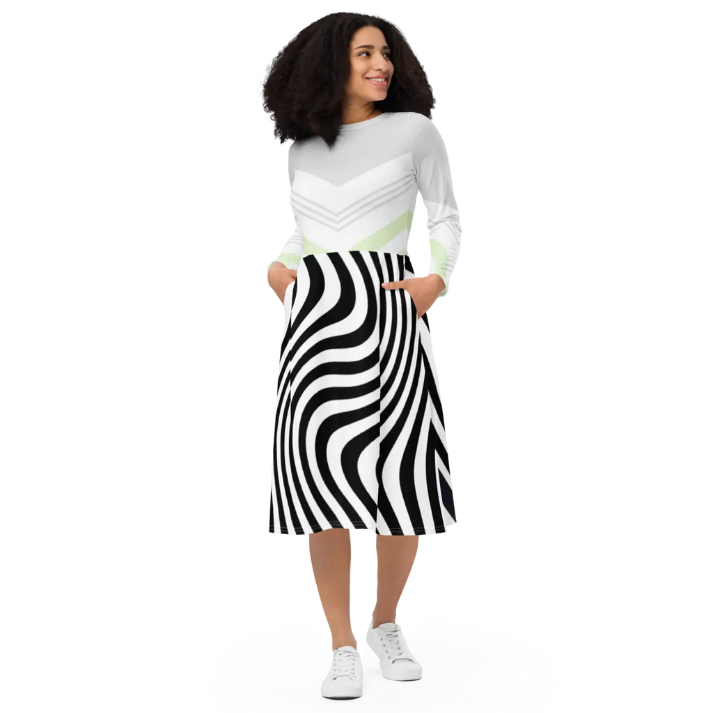 Swirling Black Stripes Long Sleeve Midi Dress - DipaliZ