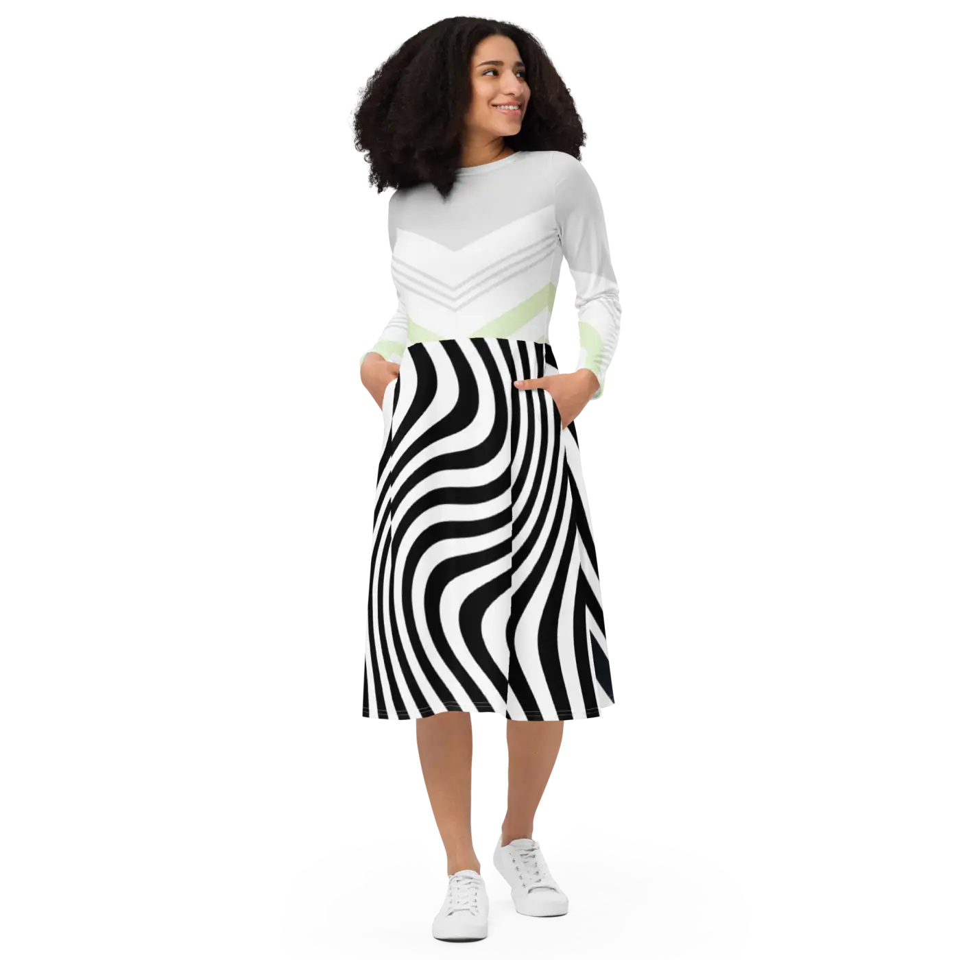 Swirling Black Stripes Long Sleeve Midi Dress - DipaliZ