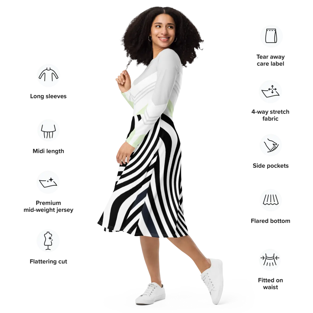 Swirling Black Stripes Long Sleeve Midi Dress - DipaliZ