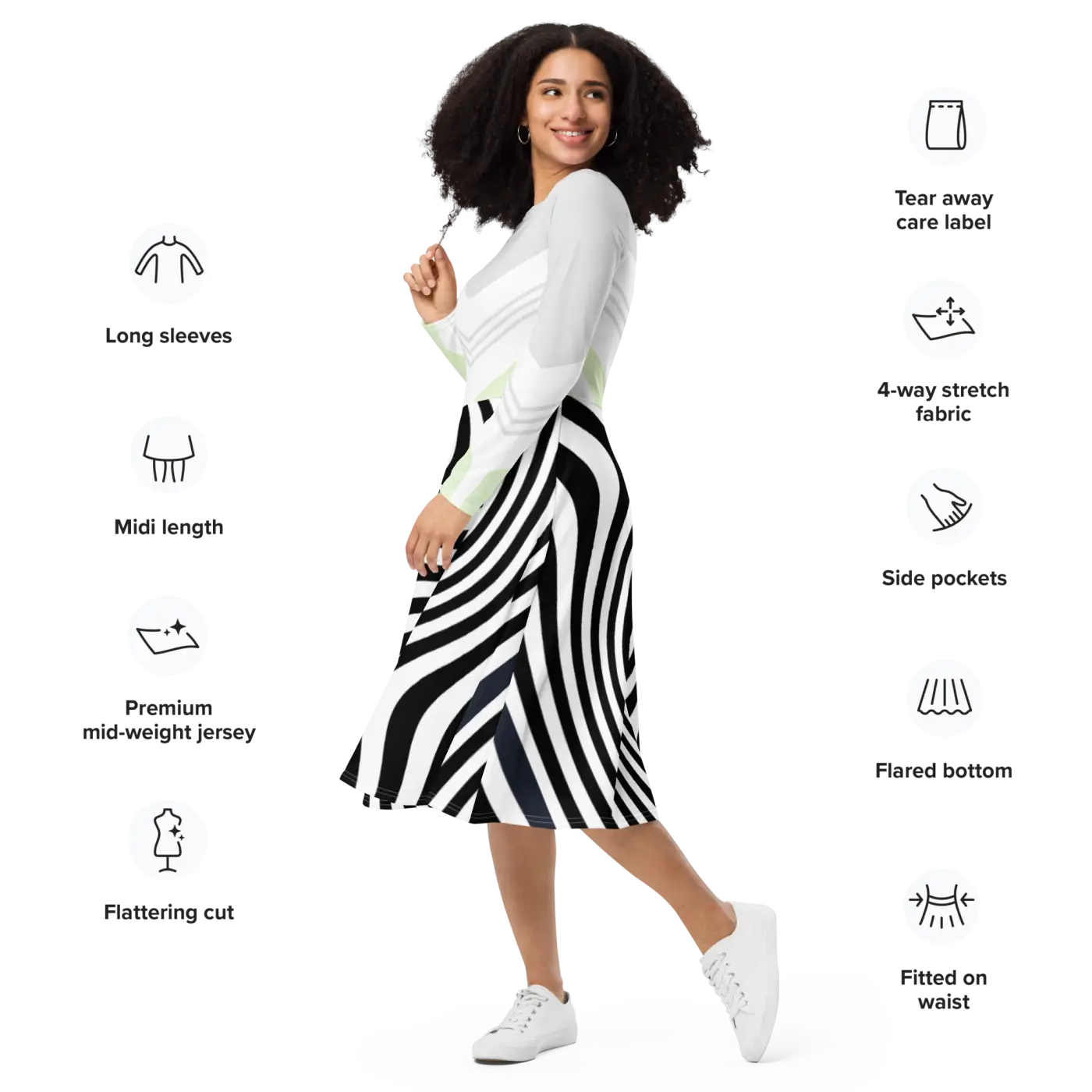 Swirling Black Stripes Long Sleeve Midi Dress - DipaliZ
