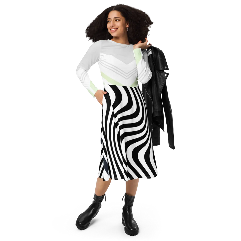 Swirling Black Stripes Long Sleeve Midi Dress - DipaliZ
