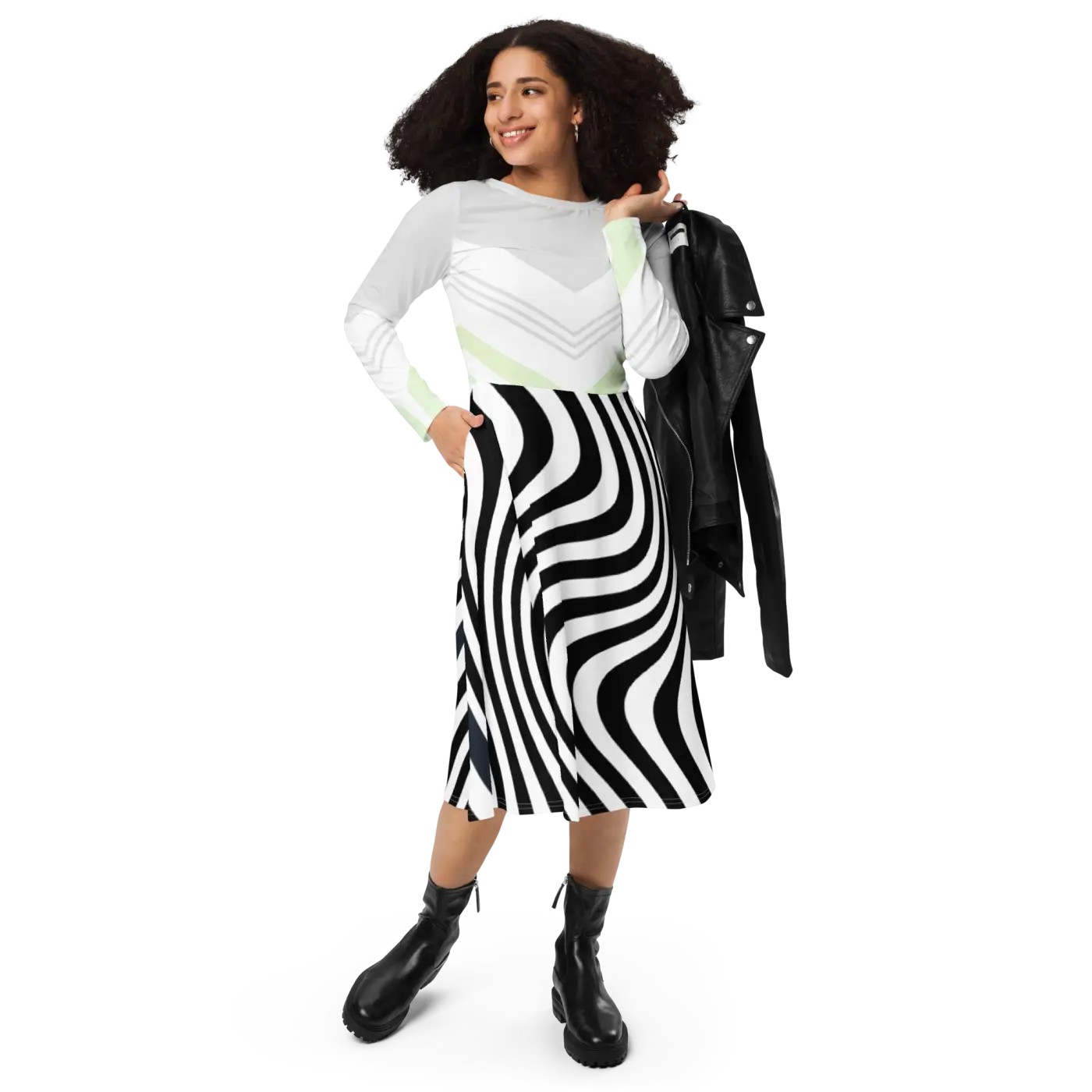 Swirling Black Stripes Long Sleeve Midi Dress - DipaliZ