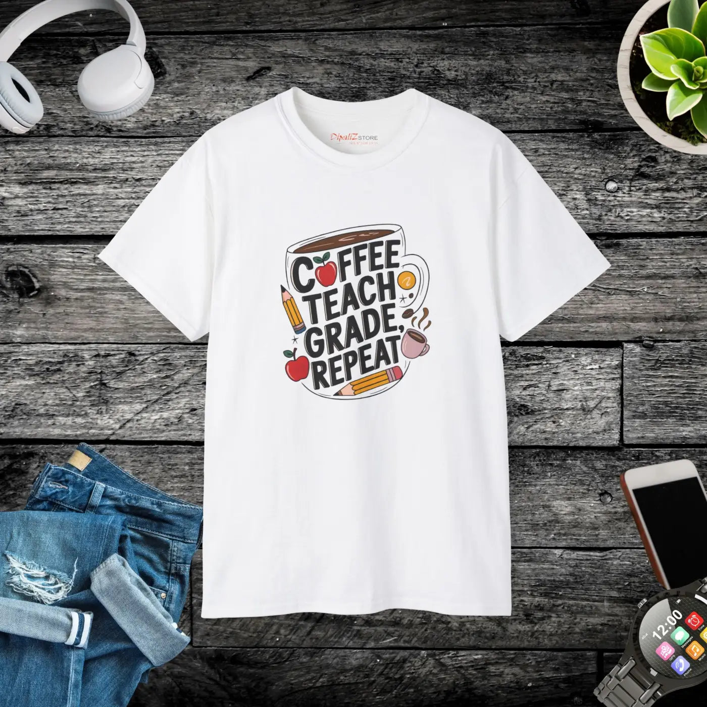 Coffee Teach Grade Repeat Teacher Tee - Women's Motivational - DipaliZ
