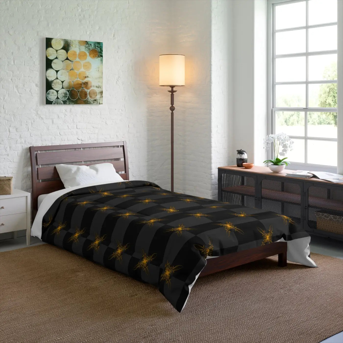 Unique Gold Pattern Comforter - Cozy Grey Bedding - DipaliZ