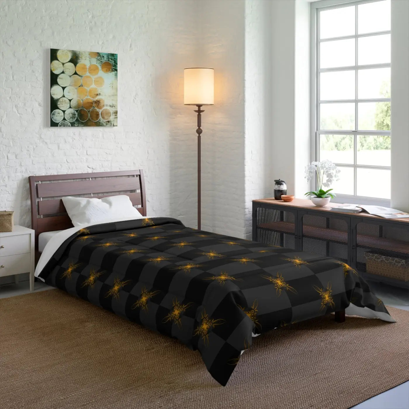 Unique Gold Pattern Comforter - Cozy Grey Bedding - DipaliZ