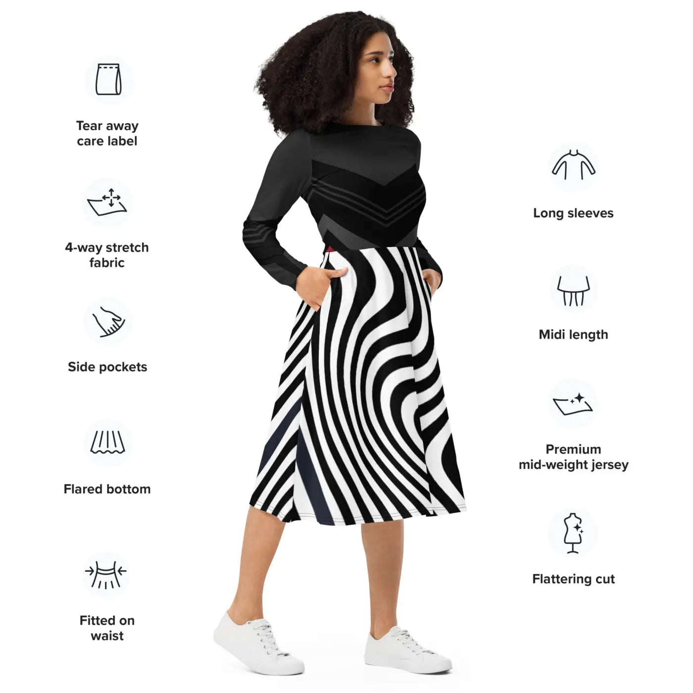Wavy Black Stripes Long Sleeve Midi Dress - DipaliZ