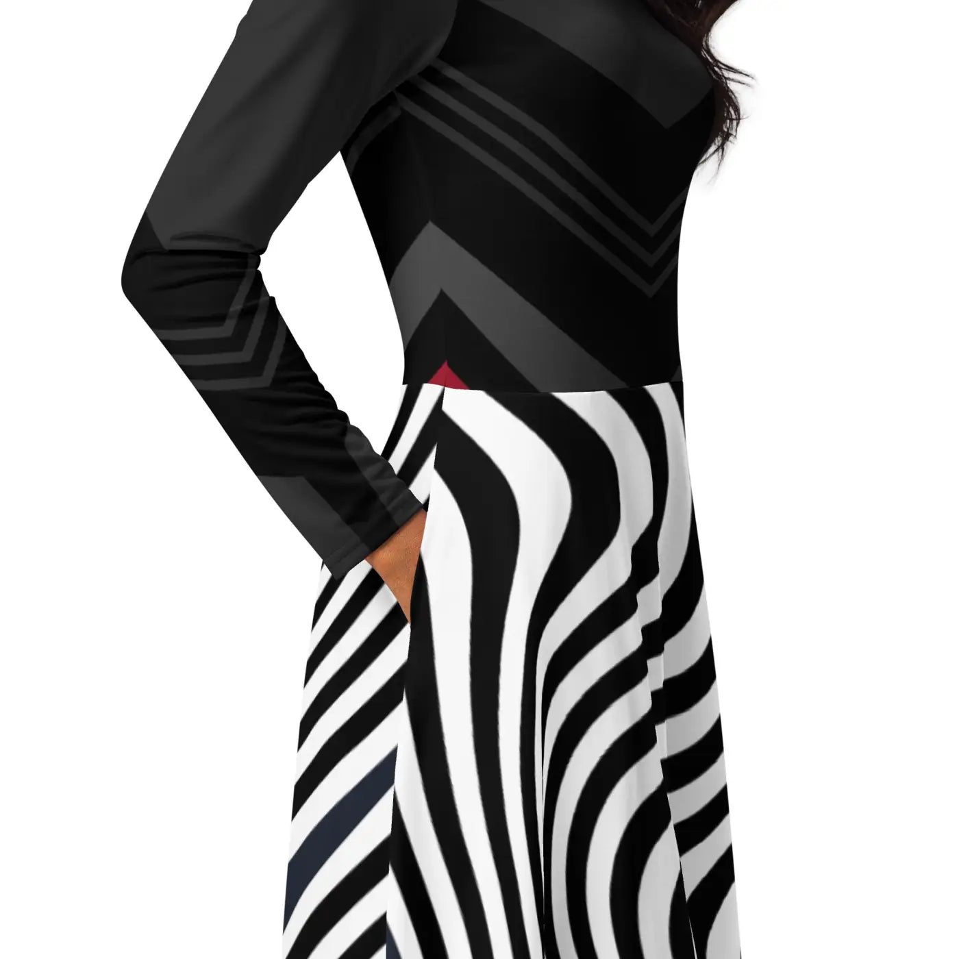 Wavy Black Stripes Long Sleeve Midi Dress - DipaliZ