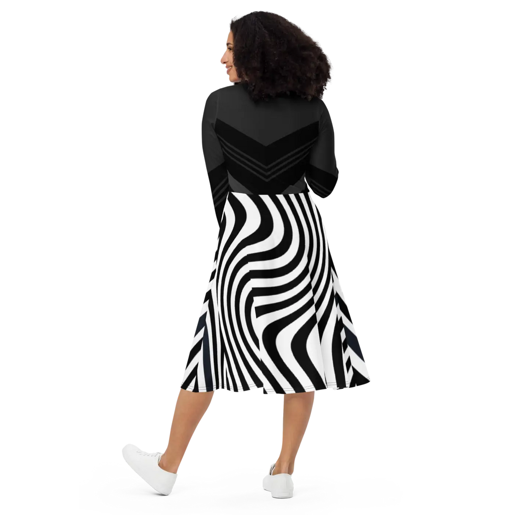 Wavy Black Stripes Long Sleeve Midi Dress - DipaliZ