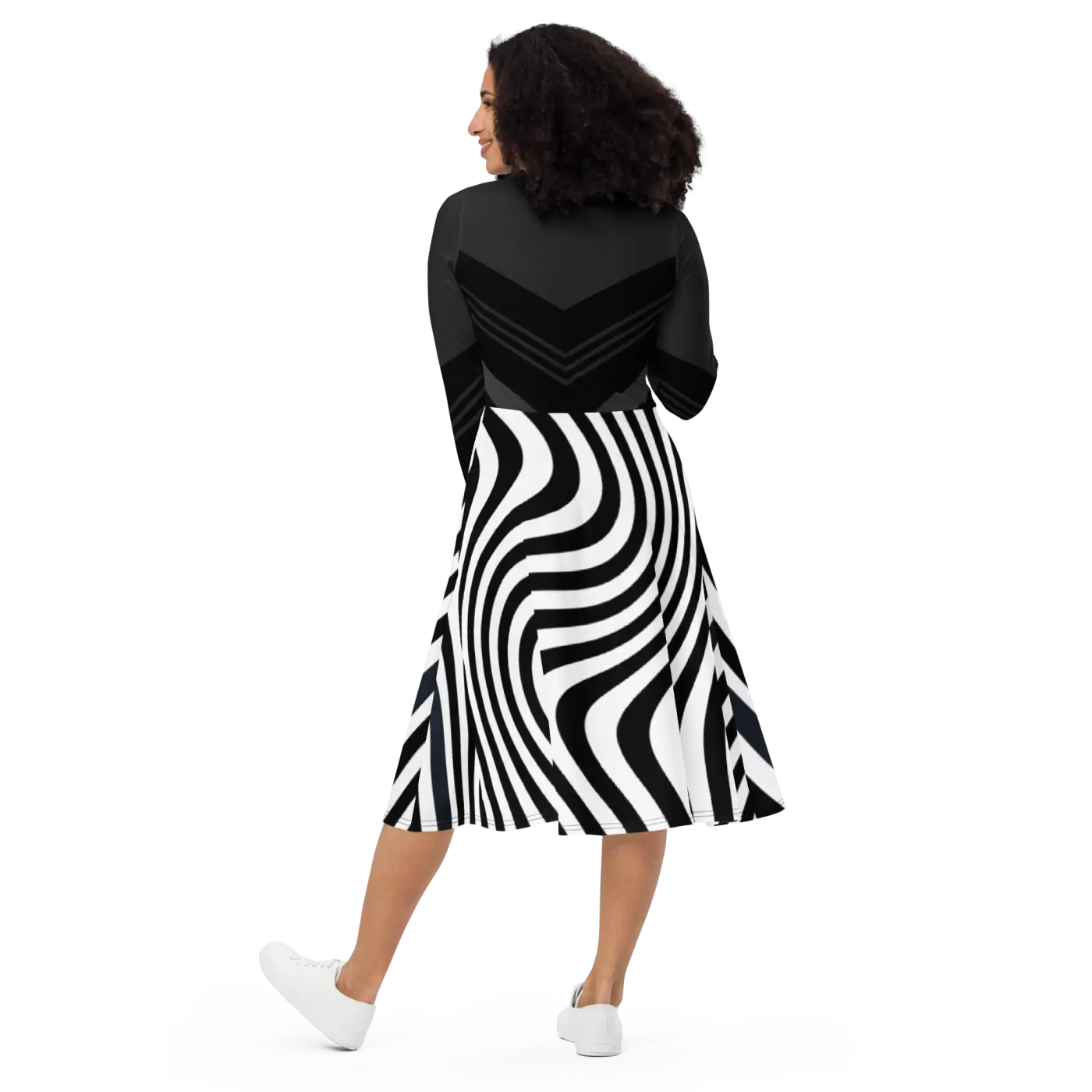 Wavy Black Stripes Long Sleeve Midi Dress - DipaliZ