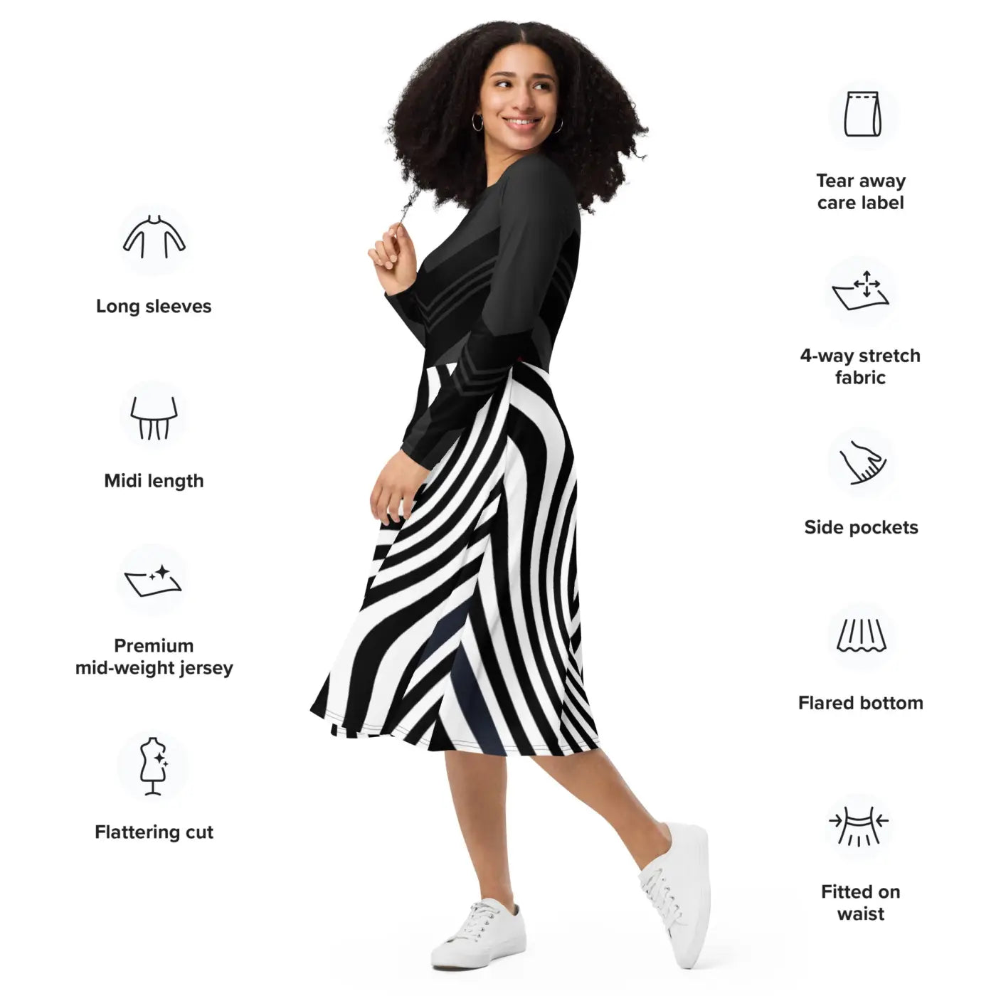 Wavy Black Stripes Long Sleeve Midi Dress - DipaliZ