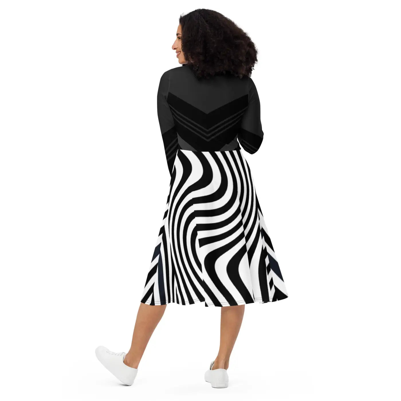 Wavy Black Stripes Long Sleeve Midi Dress - DipaliZ