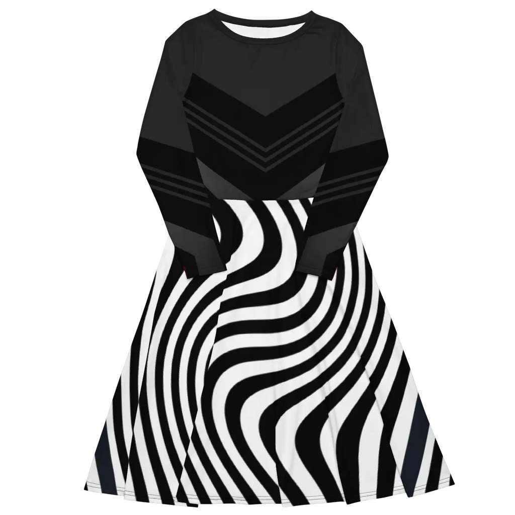 Wavy Black Stripes Long Sleeve Midi Dress - DipaliZ