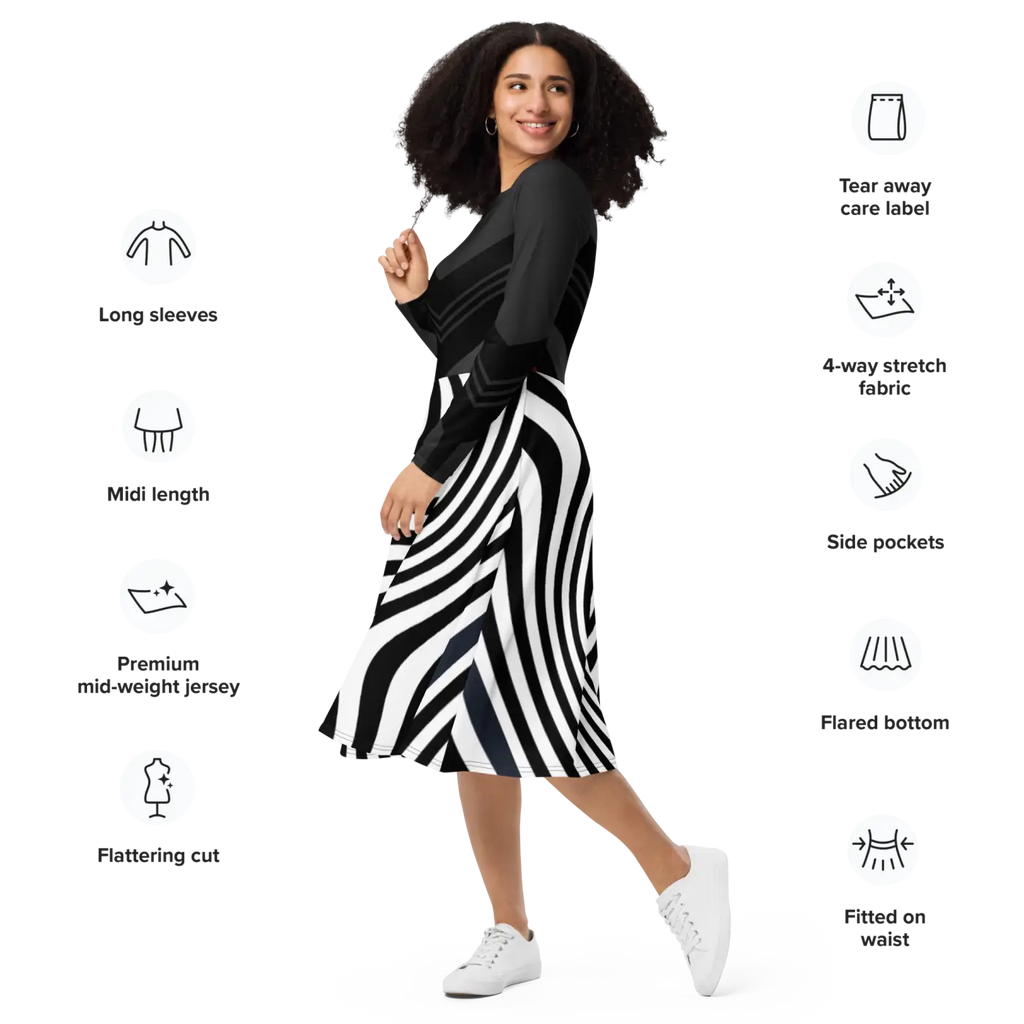 Wavy Black Stripes Long Sleeve Midi Dress - DipaliZ