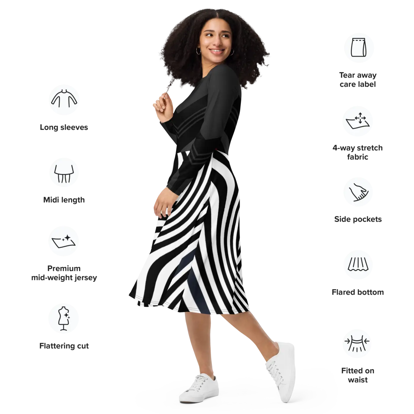 Wavy Black Stripes Long Sleeve Midi Dress - DipaliZ