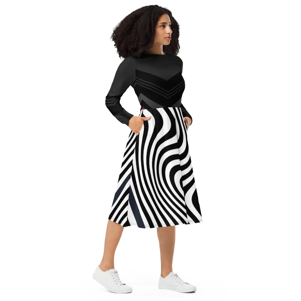 Wavy Black Stripes Long Sleeve Midi Dress - DipaliZ
