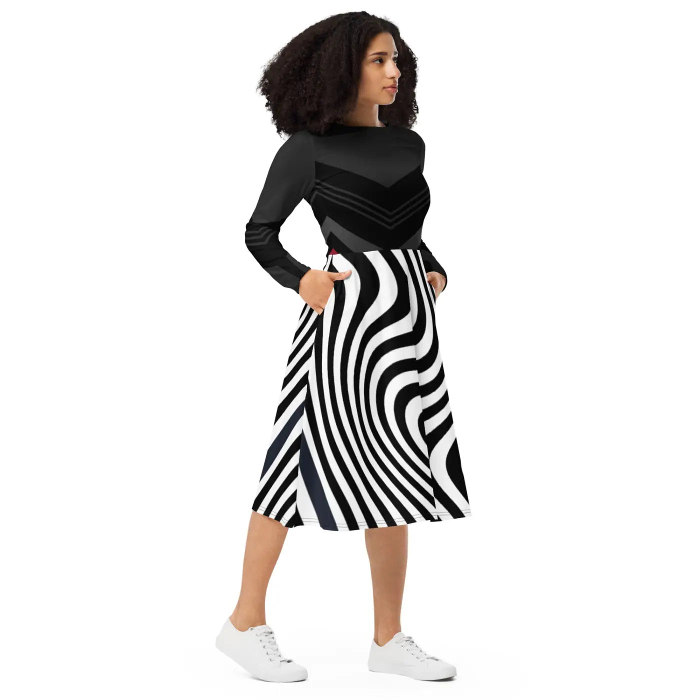 Wavy Black Stripes Long Sleeve Midi Dress - DipaliZ