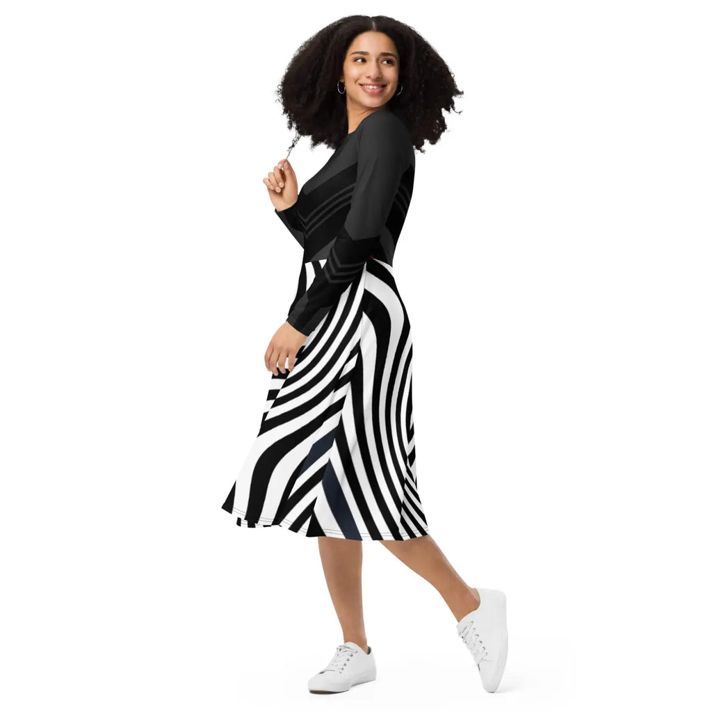 Wavy Black Stripes Long Sleeve Midi Dress - DipaliZ