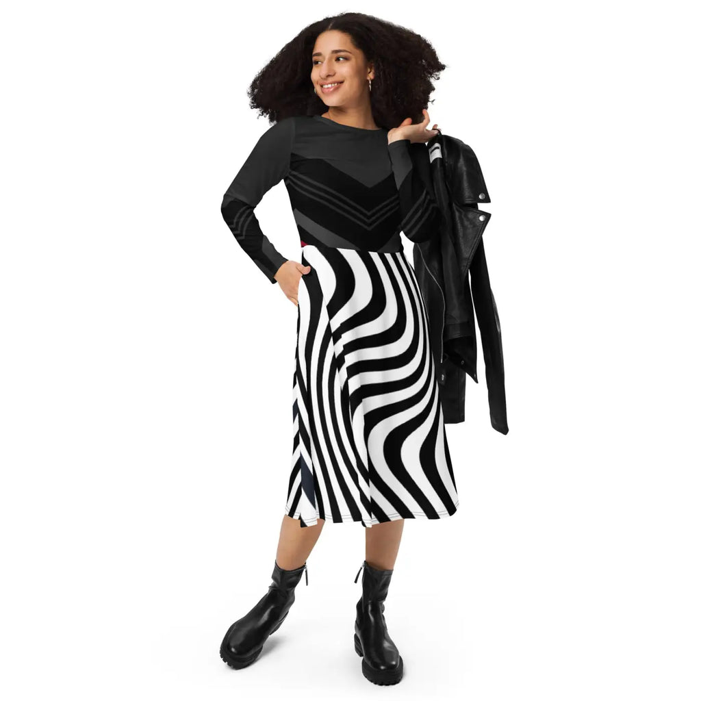 Wavy Black Stripes Long Sleeve Midi Dress - DipaliZ