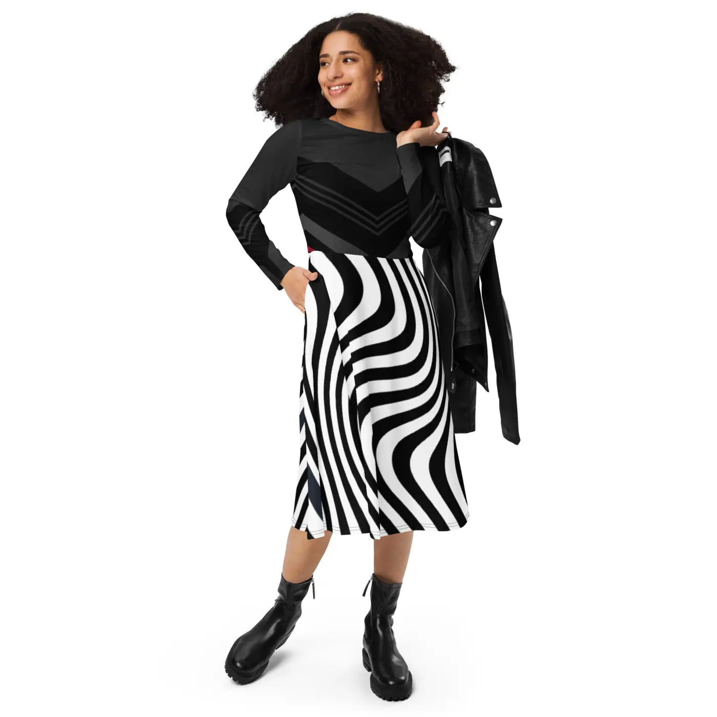 Wavy Black Stripes Long Sleeve Midi Dress - DipaliZ