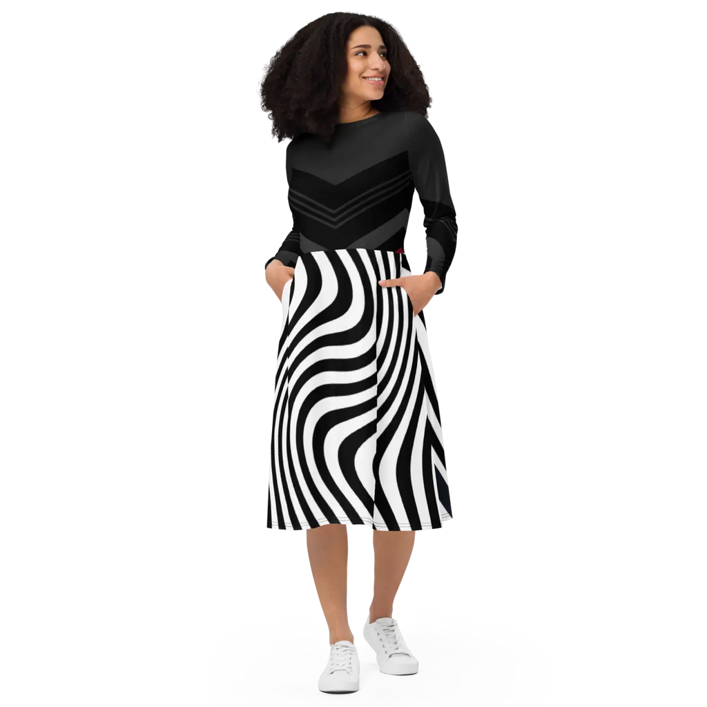 Wavy Black Stripes Long Sleeve Midi Dress - DipaliZ
