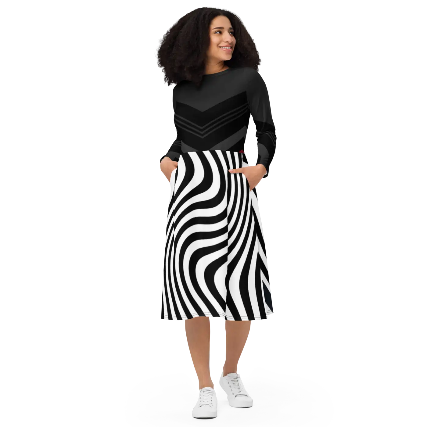 Wavy Black Stripes Long Sleeve Midi Dress - DipaliZ