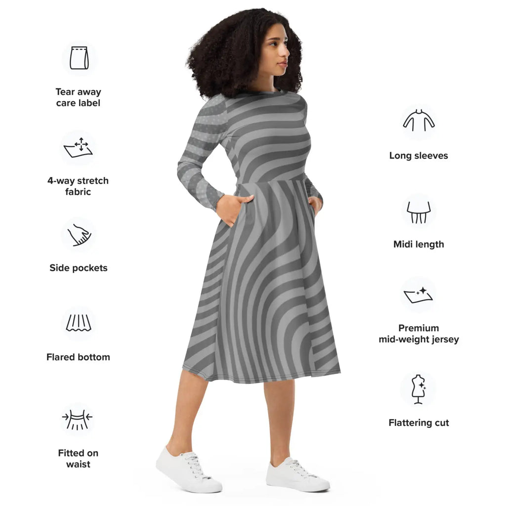 Wavy Grey Stripes Print Long Sleeve Midi Dress - DipaliZ
