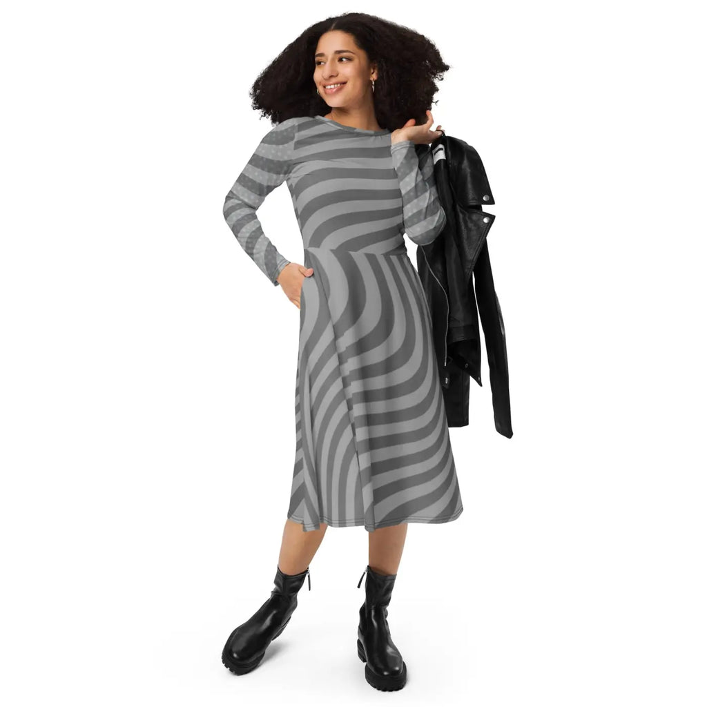 Wavy Grey Stripes Print Long Sleeve Midi Dress - DipaliZ