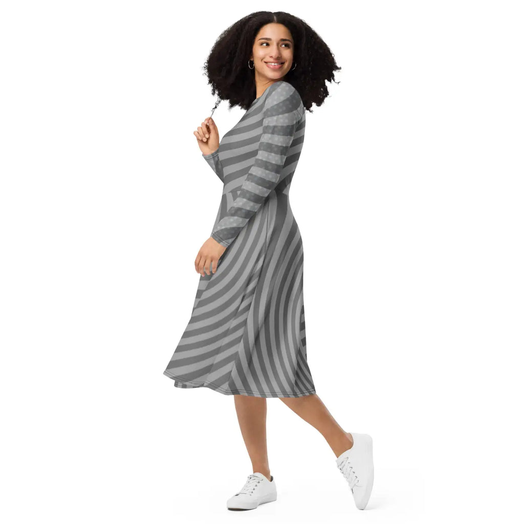 Wavy Grey Stripes Print Long Sleeve Midi Dress - DipaliZ