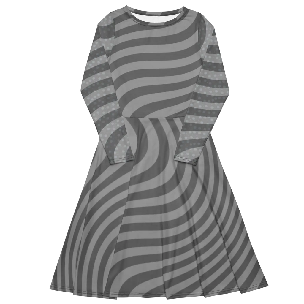 Wavy Grey Stripes Print Long Sleeve Midi Dress - DipaliZ