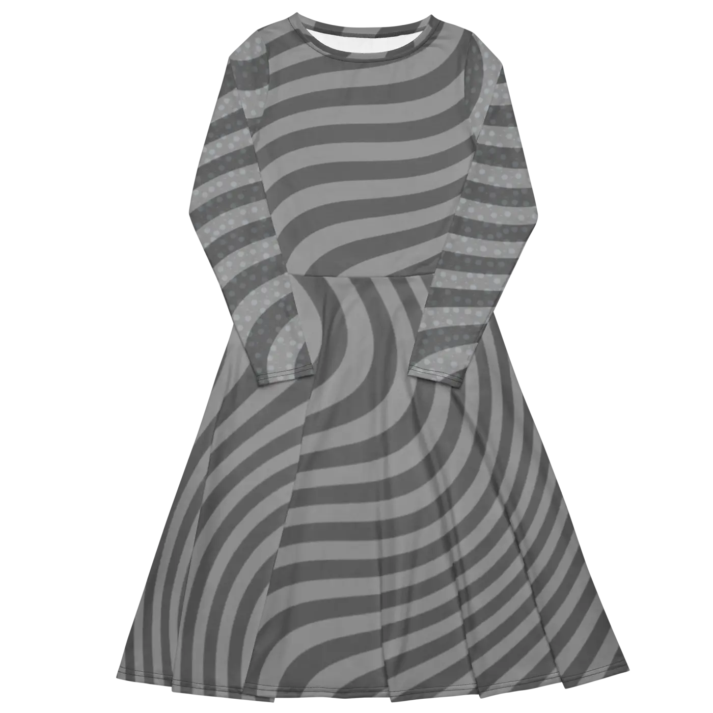 Wavy Grey Stripes Print Long Sleeve Midi Dress - DipaliZ