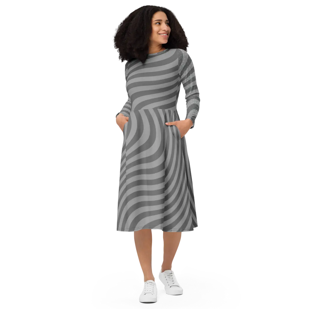 Wavy Grey Stripes Print Long Sleeve Midi Dress - DipaliZ