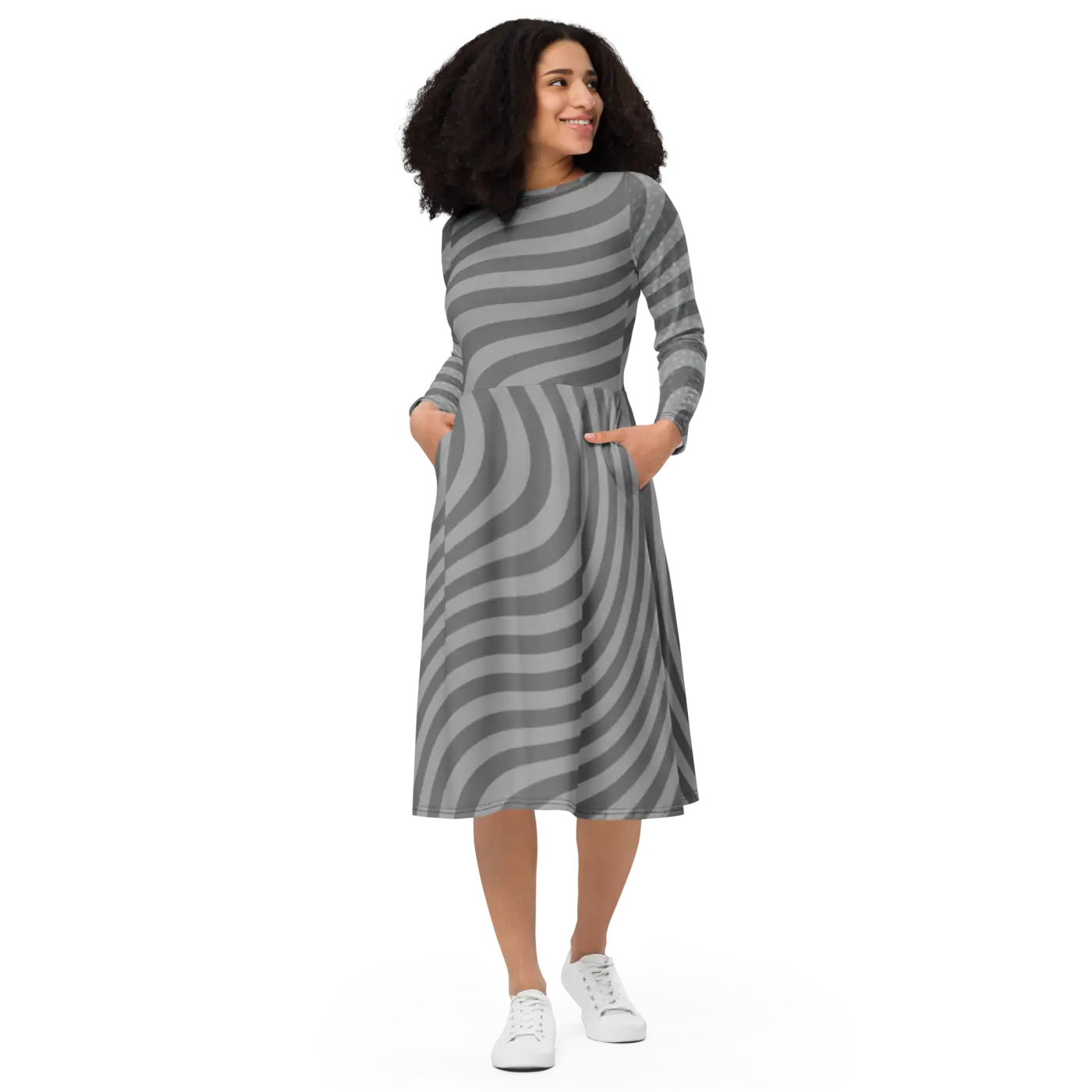 Wavy Grey Stripes Print Long Sleeve Midi Dress - DipaliZ