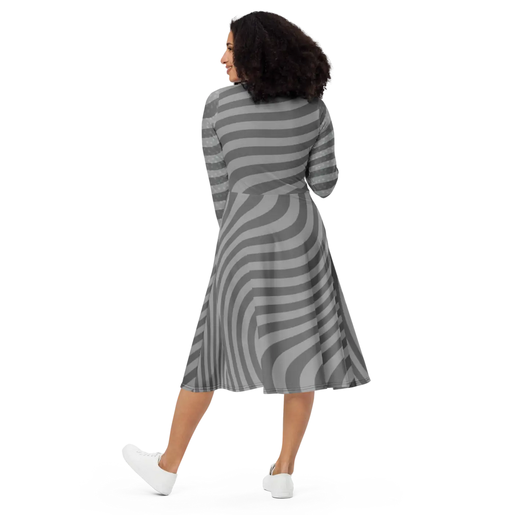Wavy Grey Stripes Print Long Sleeve Midi Dress - DipaliZ
