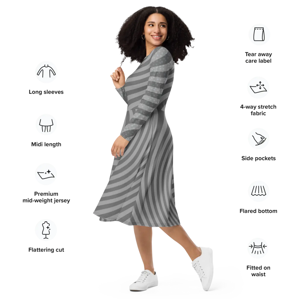 Wavy Grey Stripes Print Long Sleeve Midi Dress - DipaliZ