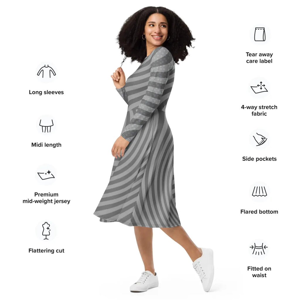 Wavy Grey Stripes Print Long Sleeve Midi Dress - DipaliZ