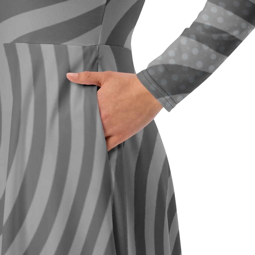 Wavy Grey Stripes Print Long Sleeve Midi Dress - DipaliZ