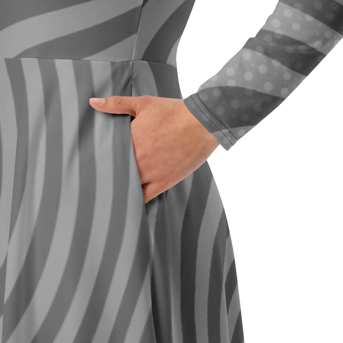 Wavy Grey Stripes Print Long Sleeve Midi Dress - DipaliZ