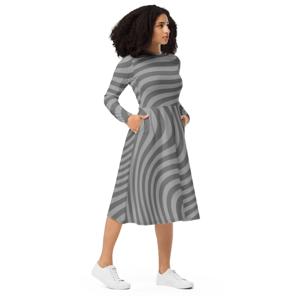 Wavy Grey Stripes Print Long Sleeve Midi Dress - DipaliZ