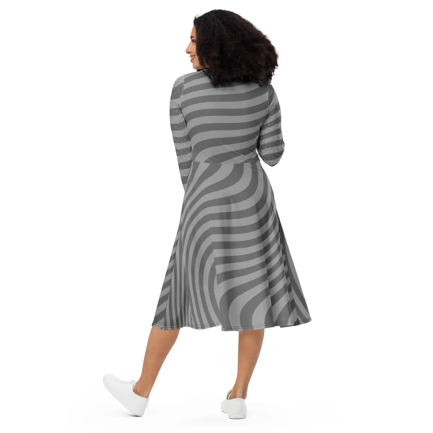 Wavy Grey Stripes Print Long Sleeve Midi Dress - DipaliZ
