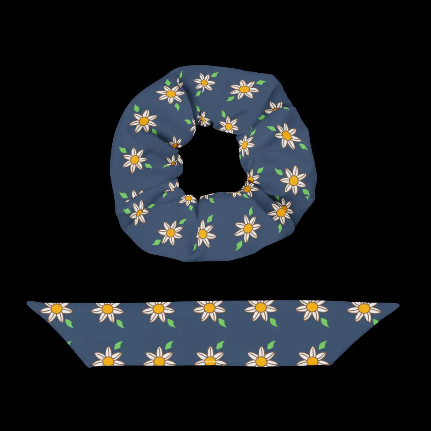 Recycled Scrunchie - Navy Blue White Flowers - DipaliZ