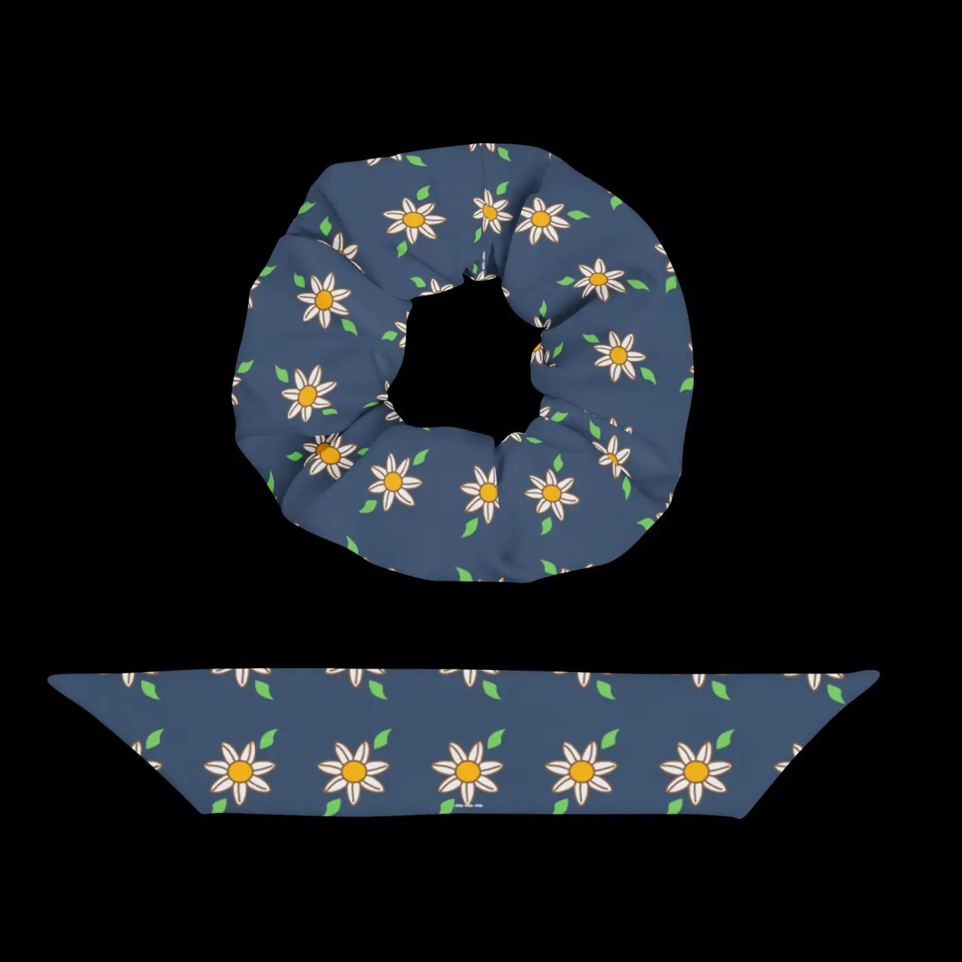 Recycled Scrunchie - Navy Blue White Flowers - DipaliZ