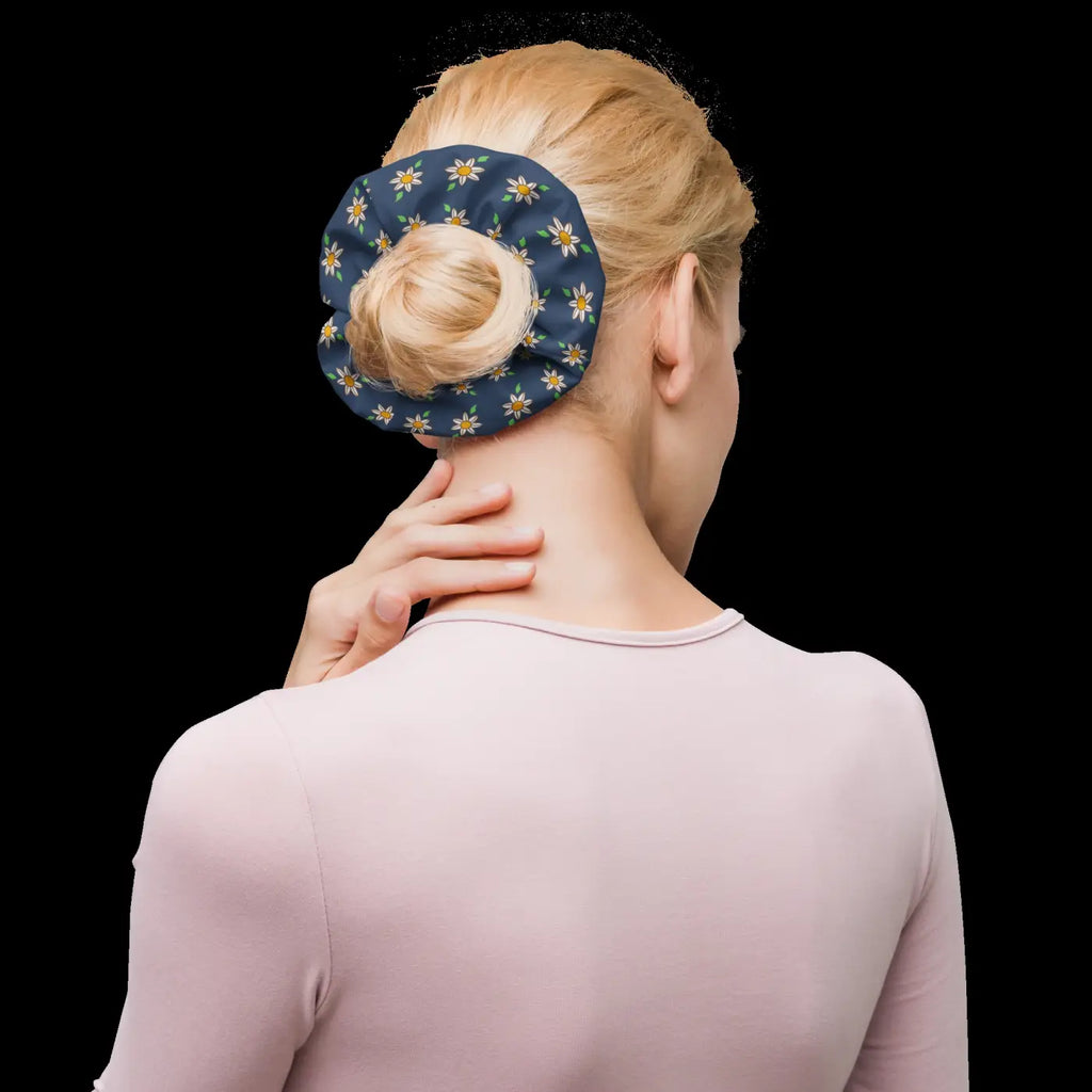 Recycled Scrunchie - Navy Blue White Flowers - DipaliZ