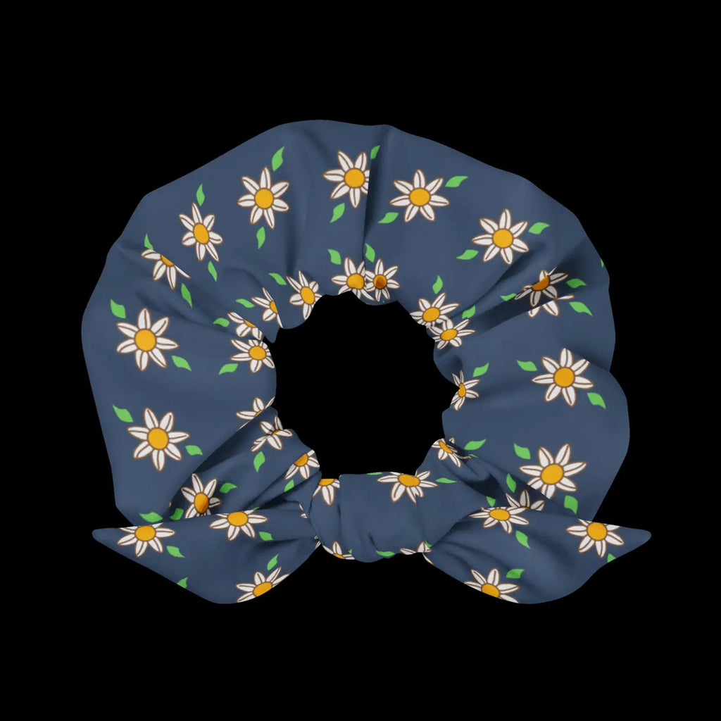 Recycled Scrunchie - Navy Blue White Flowers - DipaliZ