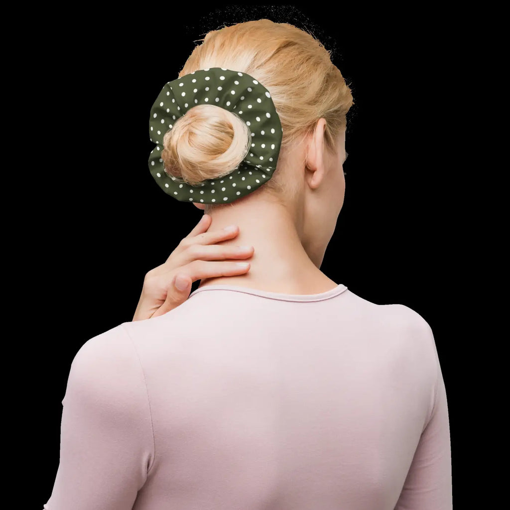 Green Scrunchie - White Polka Dots Hair Accessory - DipaliZ