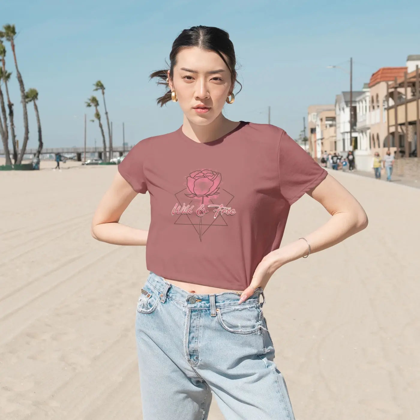 Flowy Cropped Tee - Rose Flower Design Everyday Style - DipaliZ