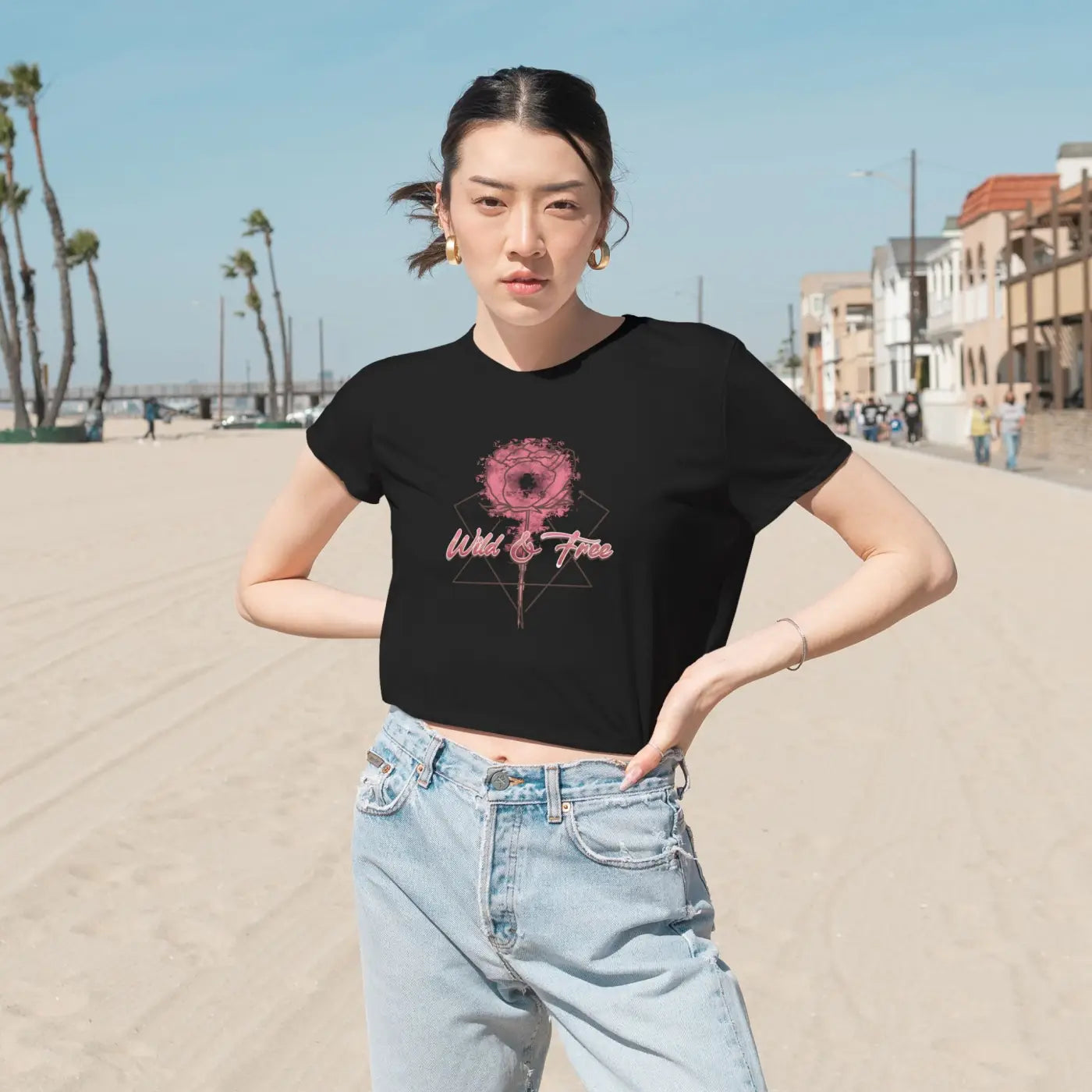 Flowy Cropped Tee - Rose Flower Design Everyday Style - DipaliZ