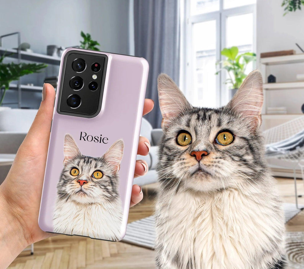 Custom Pet Portrait Phone Case with Name, Personalized Dog Photo Cat Face Case, Sympathy Gift for Pet Lovers