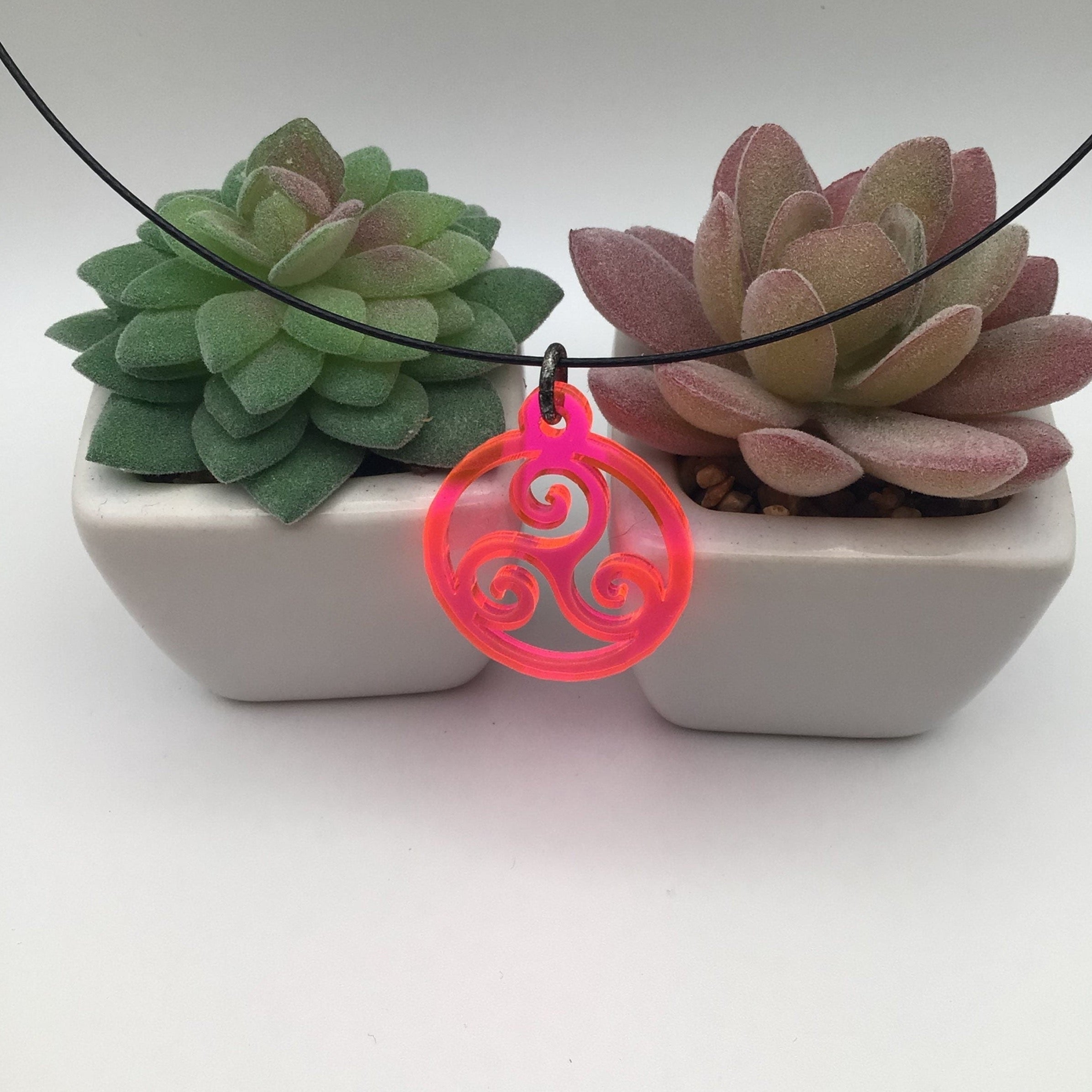 Triskelion Hot Pink Acrylic On 16" Wire Cord, BDSM Collar / Necklace